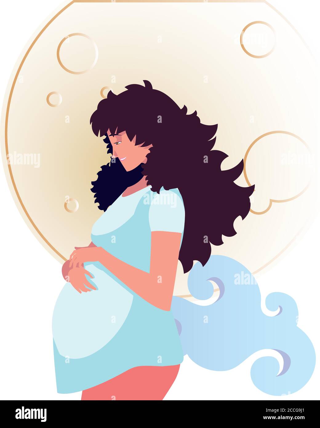 Dessin animé femme enceinte avec la lune et la conception de nuages, la