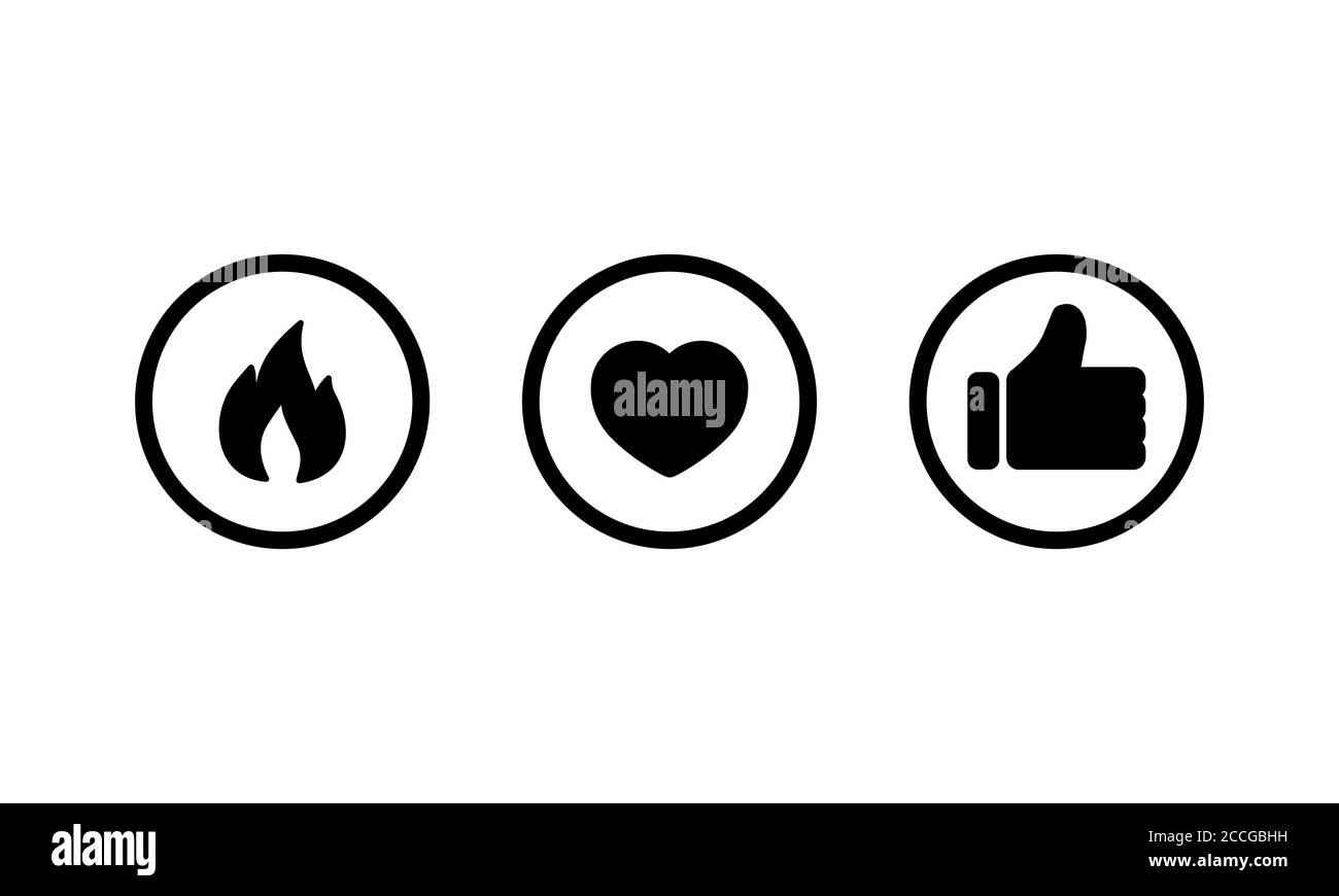 Icône représentant un feu, un cœur et un signe similaire dans les cercles. Concept de médias sociaux. Vecteur sur fond blanc isolé. SPE 10 Illustration de Vecteur