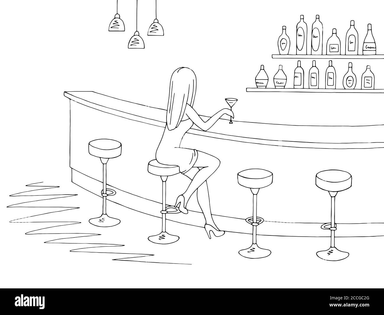 Motif de barre de café noir blanc dessin d'intérieur vecteur d'illustration. Femme assise sur la chaise Illustration de Vecteur