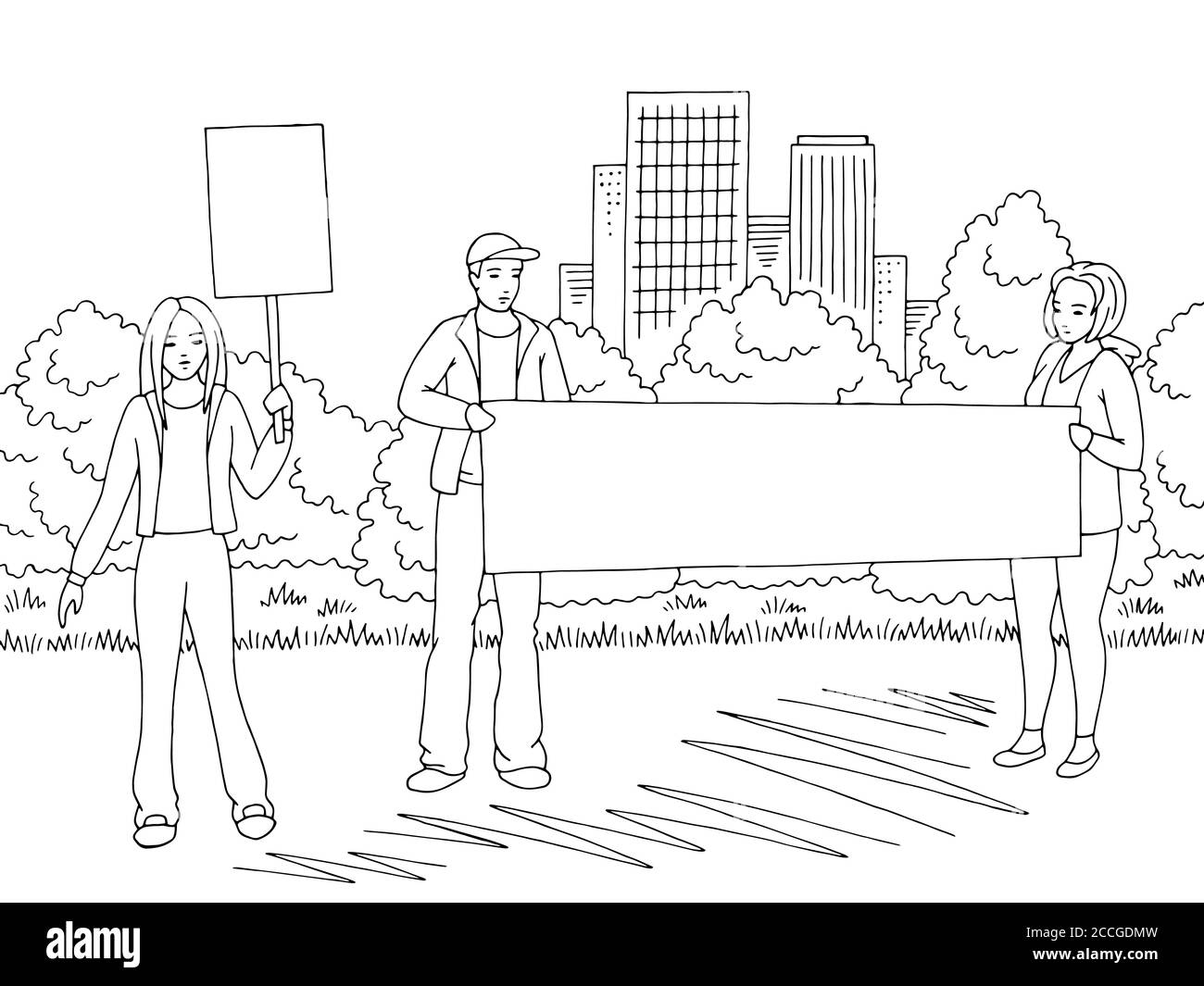 Illustration graphique de démonstration noir blanc ville route paysage esquisse vecteur d'illustration. Les gens sont debout Illustration de Vecteur
