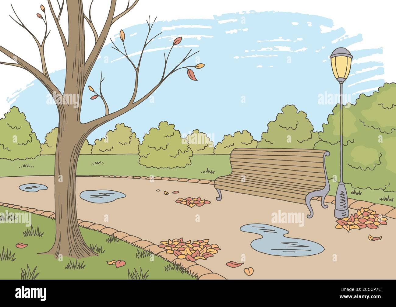 Parc d'automne graphique couleur paysage esquisse illustration vecteur Illustration de Vecteur