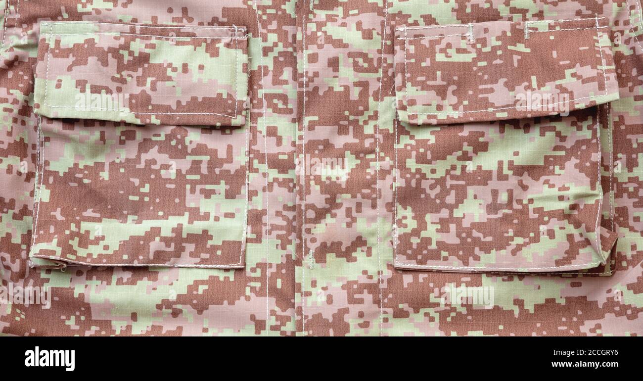US armée acu digital Desert uniforme chemise fond, texture militaire camouflage tissu textile vue rapprochée, poche détail Banque D'Images