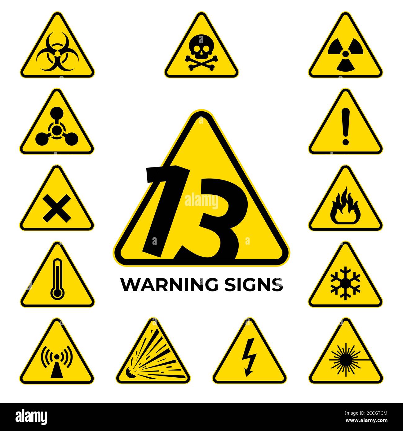 Jeu de panneaux de détresse. 13 signes de sécurité et de mise en garde triangle jaune noir. Symbole de vecteur de danger pour la sécurité des informations, icône. La douzaine de Baker Illustration de Vecteur