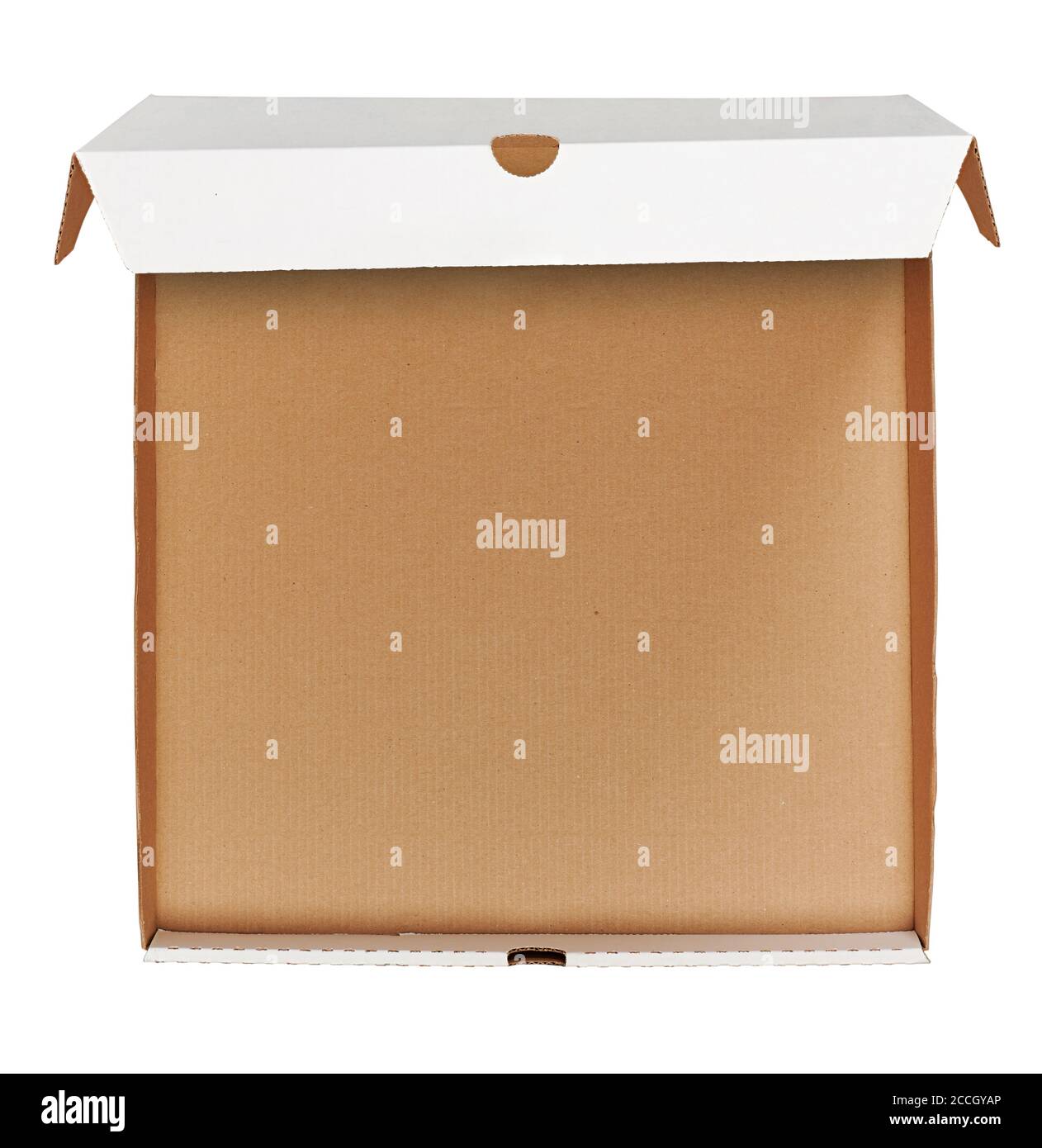 Vue du dessus de la boîte en carton pour pizza ouverte vide isolée sur la grille arrière blanche avec un chemin de coupure. Design pour le modèle Banque D'Images Vue du dessus de la boîte en carton pour pizza ouverte vide isolée sur la grille arrière blanche avec un chemin de coupure. Design pour le modèle Banque D'Images
