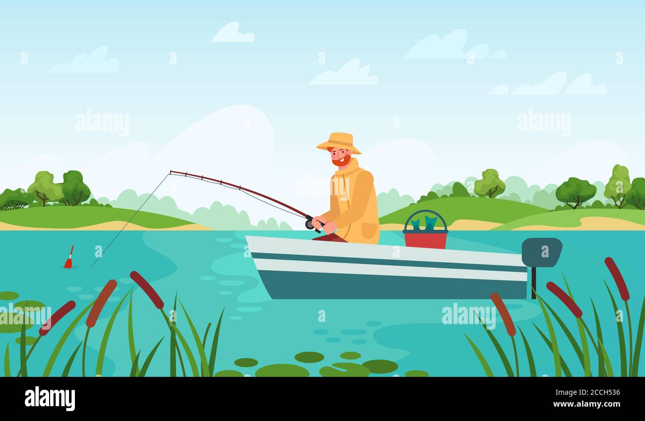 Pêche de pêcheur. Homme en bateau avec canne à pêche en attente grignoter poisson, détente passe-temps plein air paysage dessin animé vecteur concept Illustration de Vecteur