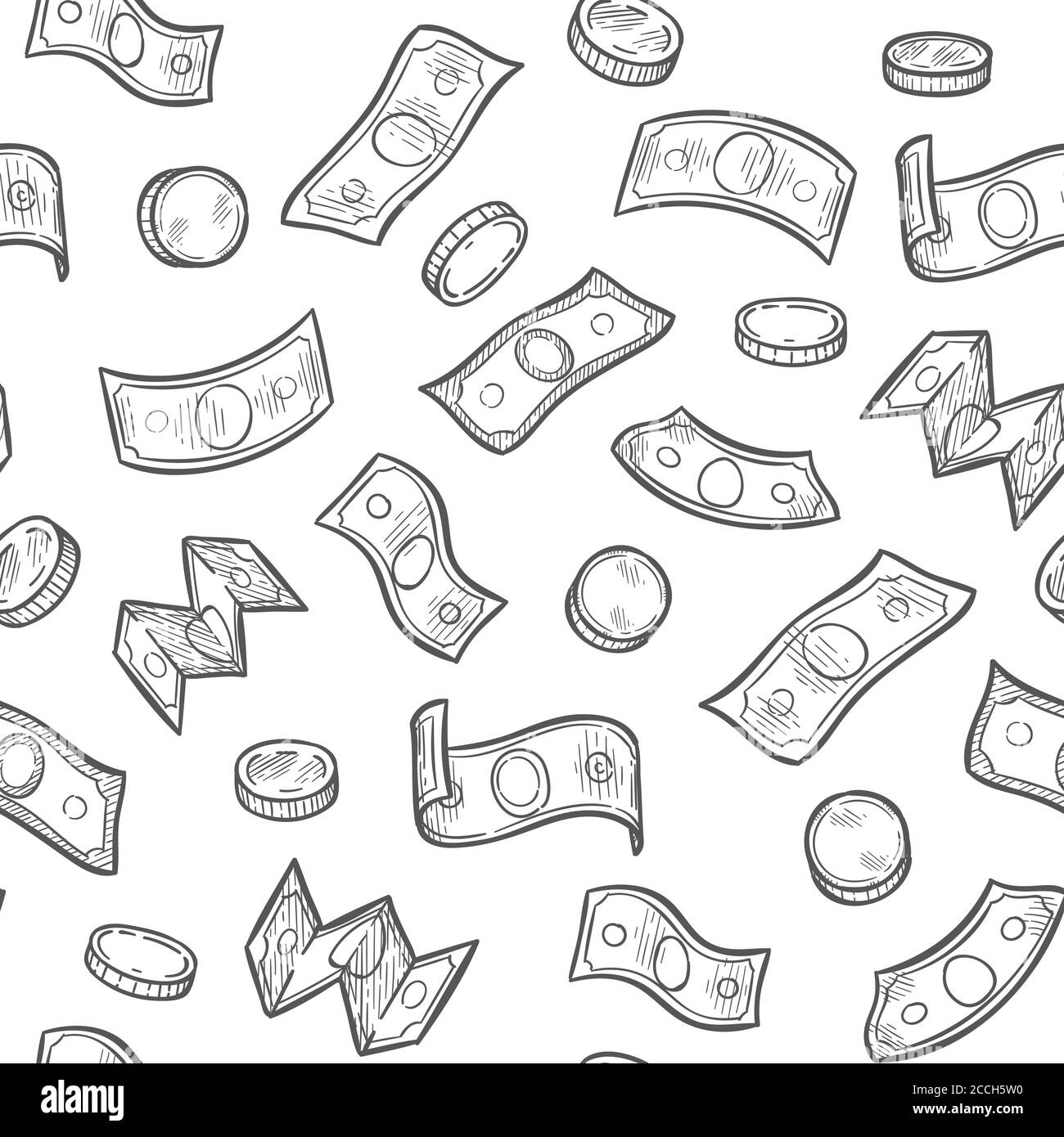 Motif argent pluie sans coutures. Croquis des billets et des pièces en dollars, chute de l'argent gagner casino de loterie, la chance financière papier peint texture vectorielle Illustration de Vecteur