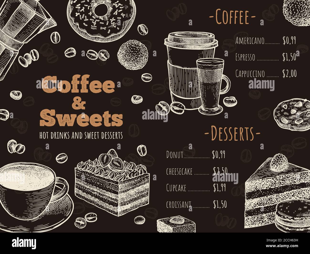 Menu du café. Café, bar ou café modèle de conception de menu, boissons chaudes, desserts et gâteaux, dessin publicitaire prospectus illustration vectorielle Illustration de Vecteur
