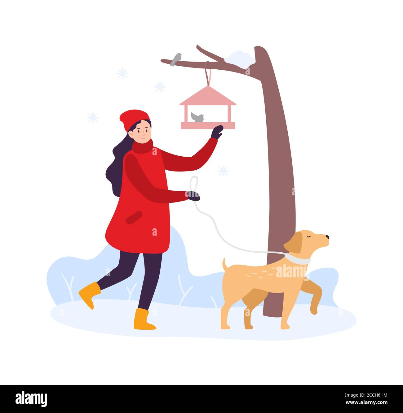 En hiver. Fille marchant avec le chien et nourrissant les oiseaux. Femme personnage dans les vêtements d'hiver avec animal de compagnie Illustration de Vecteur