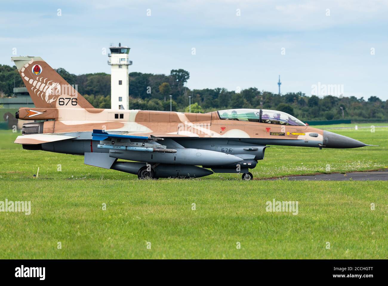 Nörvenich, Allemagne, le 20 août 2020 : un avion de chasse F-16 de la Force aérienne israélienne, le « Barak », qui déchaîne la base aérienne de Nörvenich en Allemagne. Banque D'Images