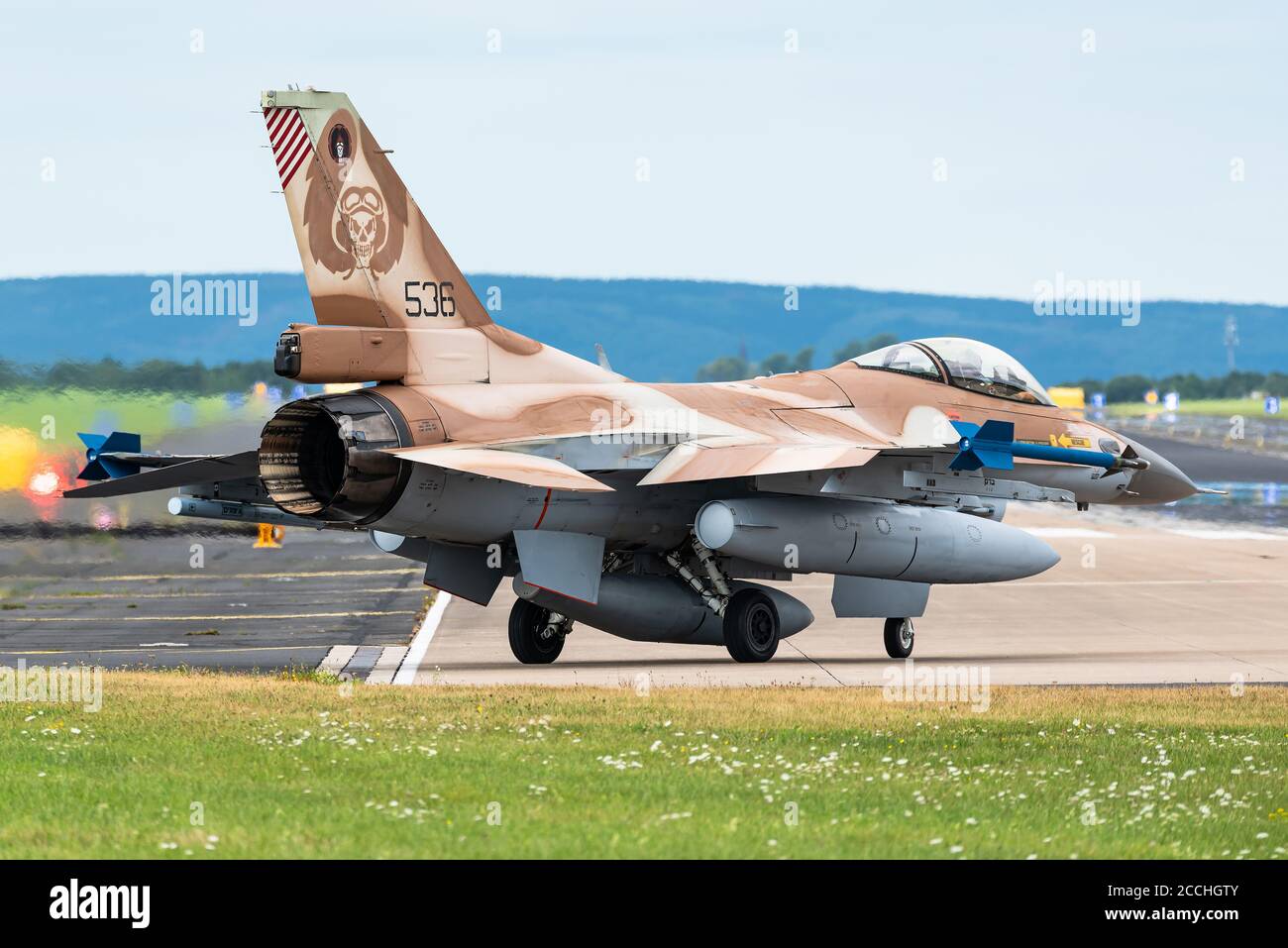 Nörvenich, Allemagne, le 20 août 2020 : un avion de chasse F-16 de la Force aérienne israélienne, le « Barak », qui déchaîne la base aérienne de Nörvenich en Allemagne. Banque D'Images