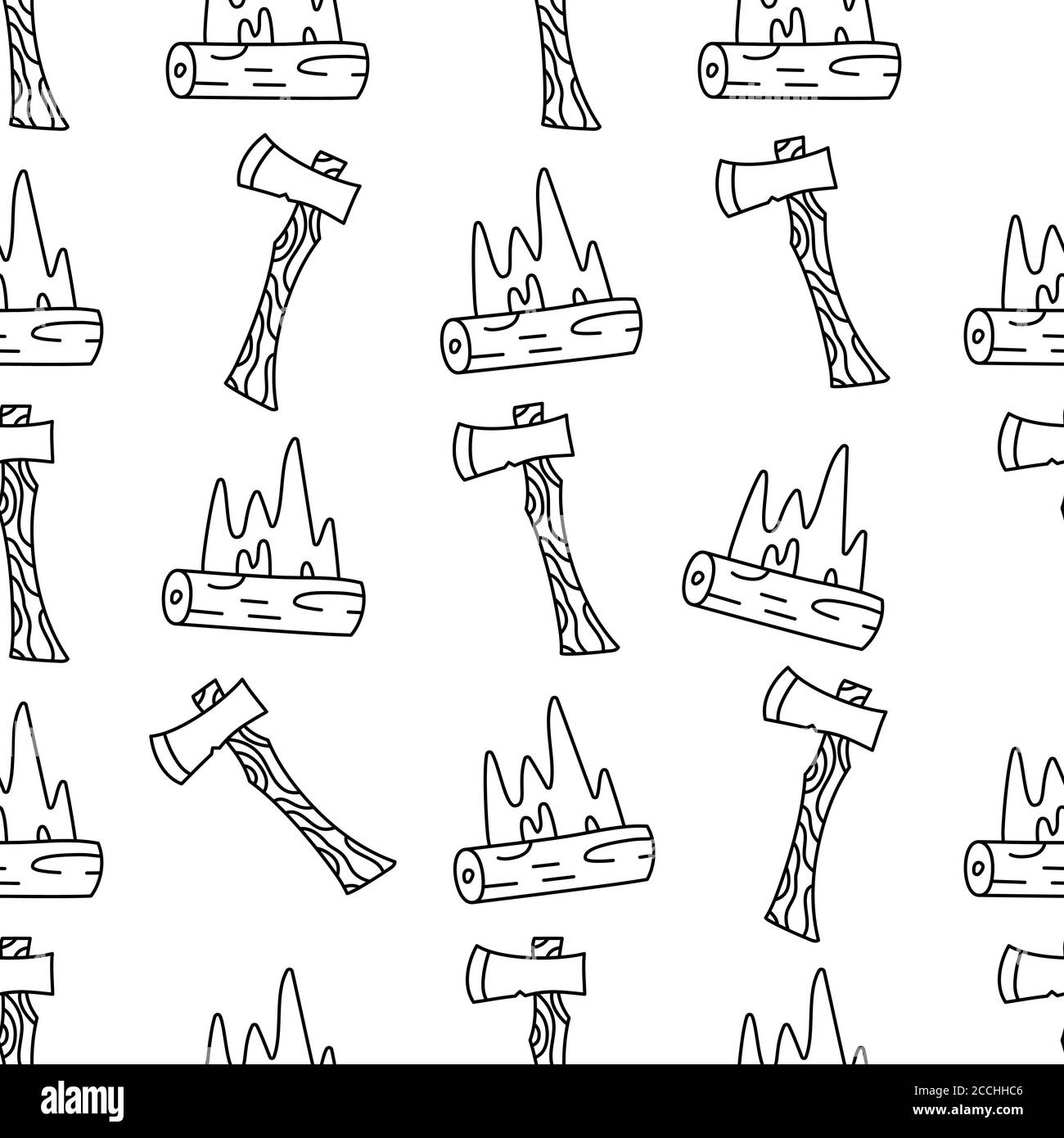 Vintage main dessin camping sans couture motif avec rétro camp feu, éléments d'axes. Motifs d'art silhouette d'aventure. Vecteur de stock randonnée linéaire Illustration de Vecteur