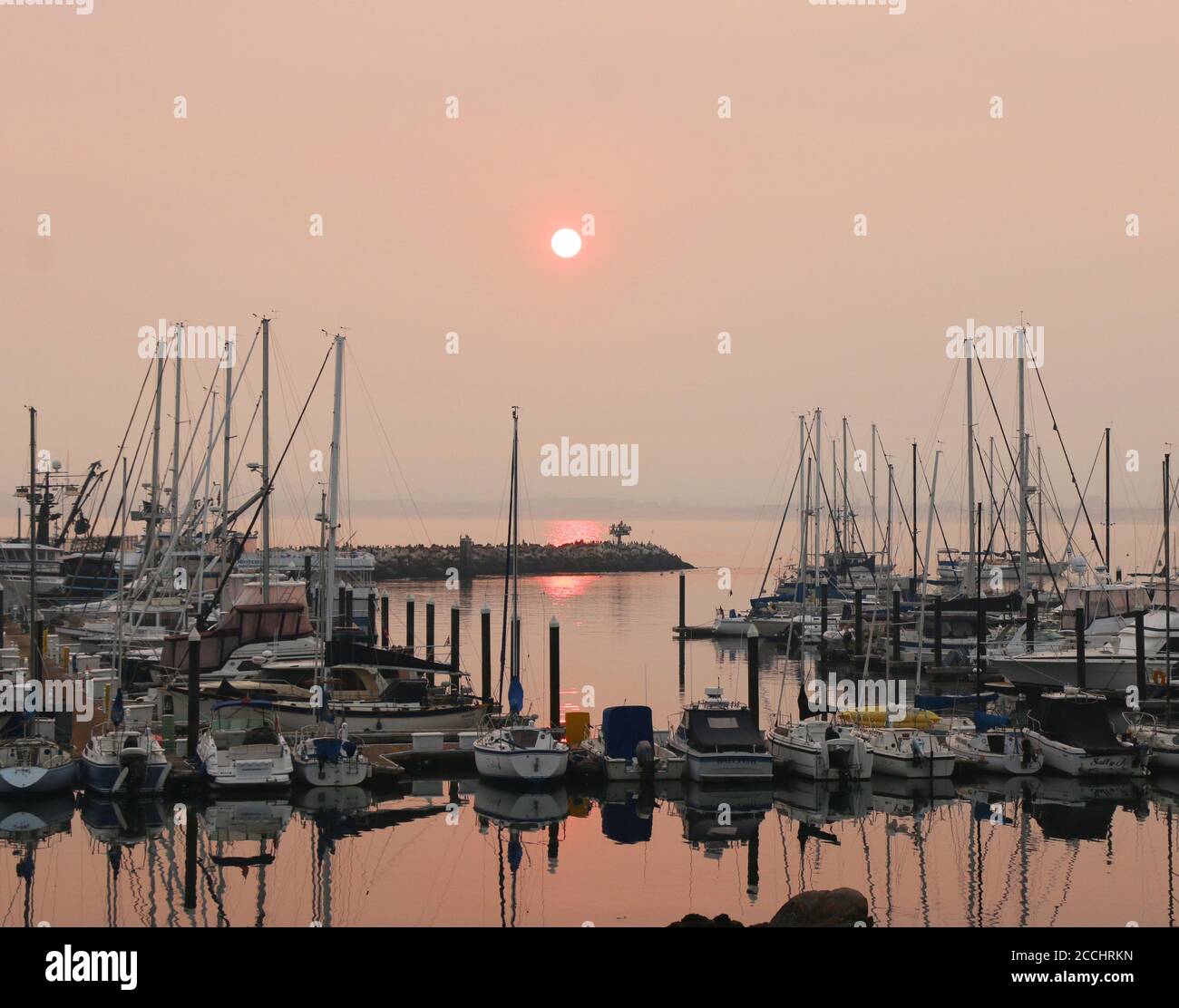 Lever du soleil sur le port, Monterey Bay, CA. Les feux de forêt ont fait tourner le ciel et l'eau rose et ont créé de belles réflexions dans l'eau. Banque D'Images