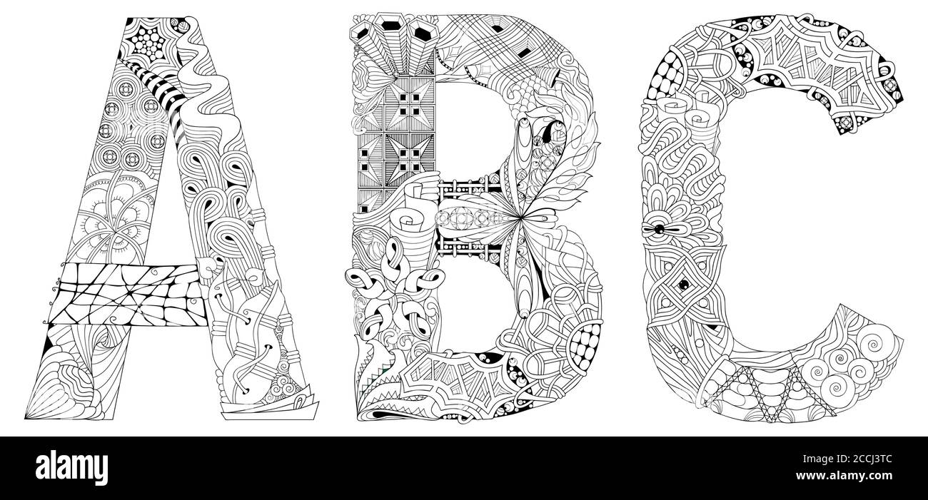 Lettres A, B, C zentangle. Objet décoratif vectoriel pour colorier Illustration de Vecteur