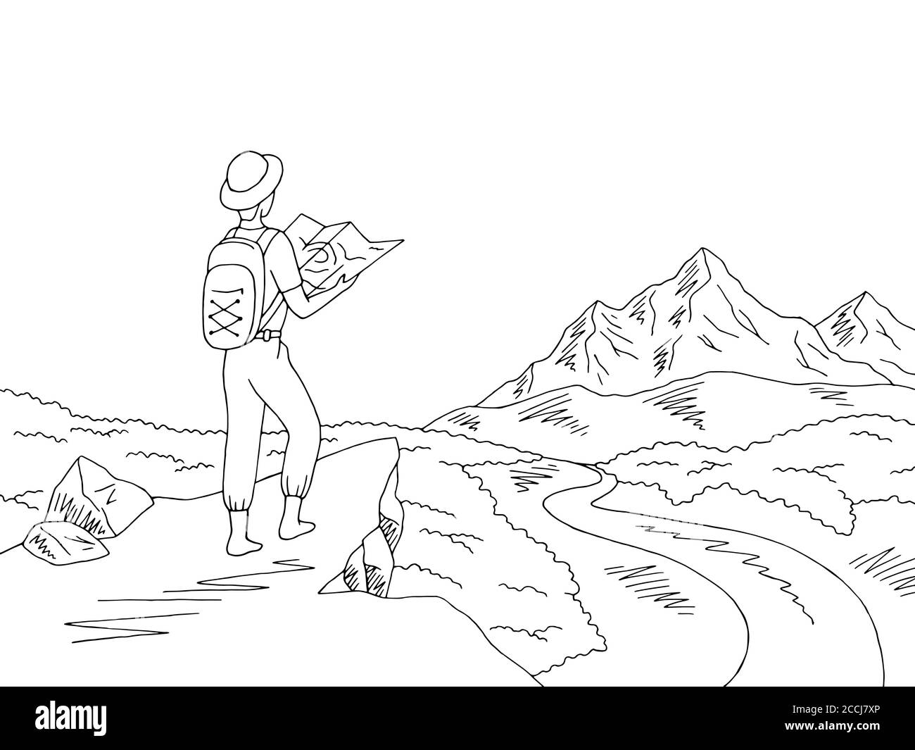 Le voyageur regarde la carte. Mountain River graphique noir blanc paysage dessin illustration vecteur Illustration de Vecteur