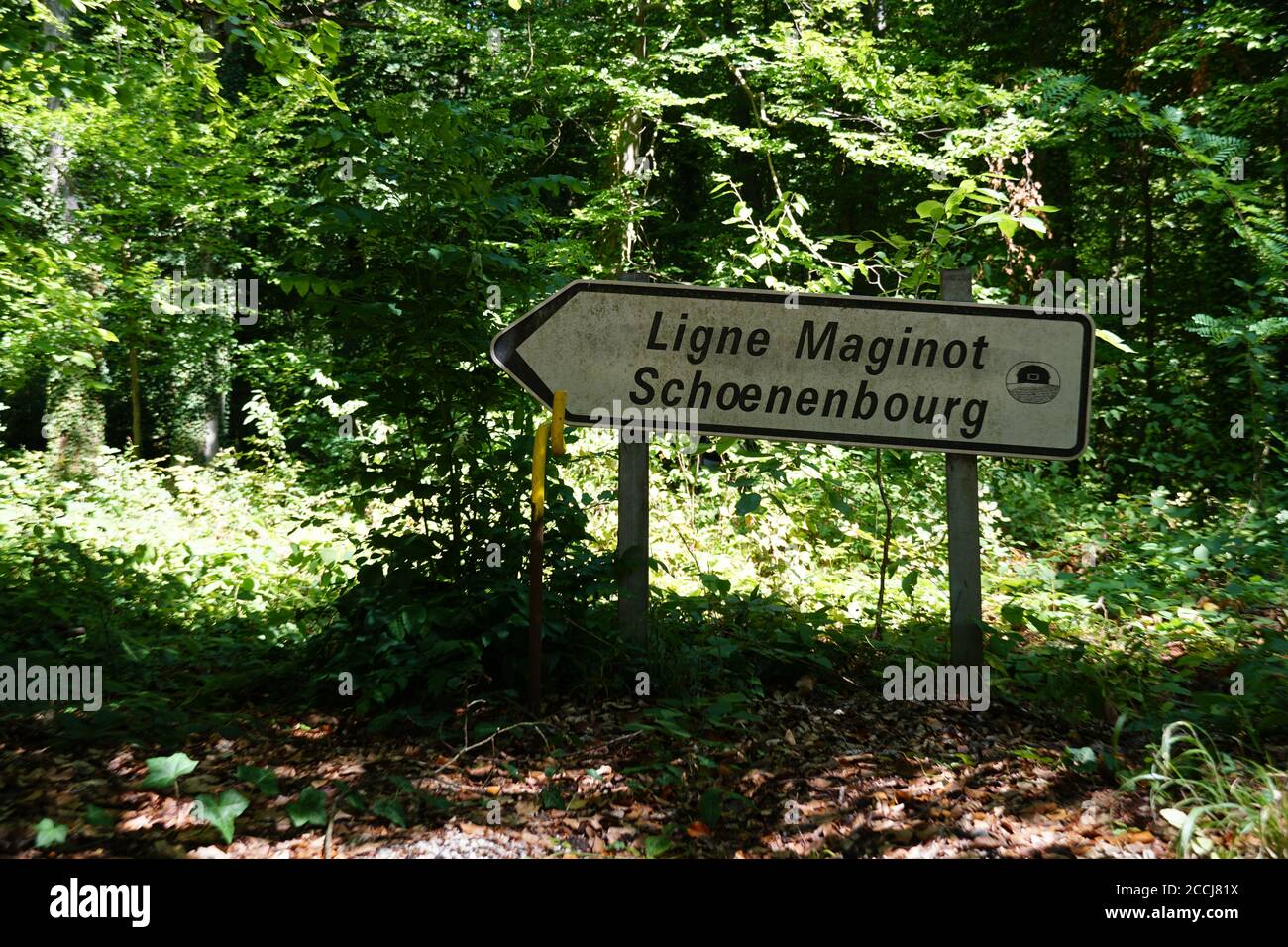 Un bouclier de direction pointant vers la ligne Maginot et son fortification Schoenenenbourg dans l'est de la France à la frontière avec l'Allemagne. Banque D'Images