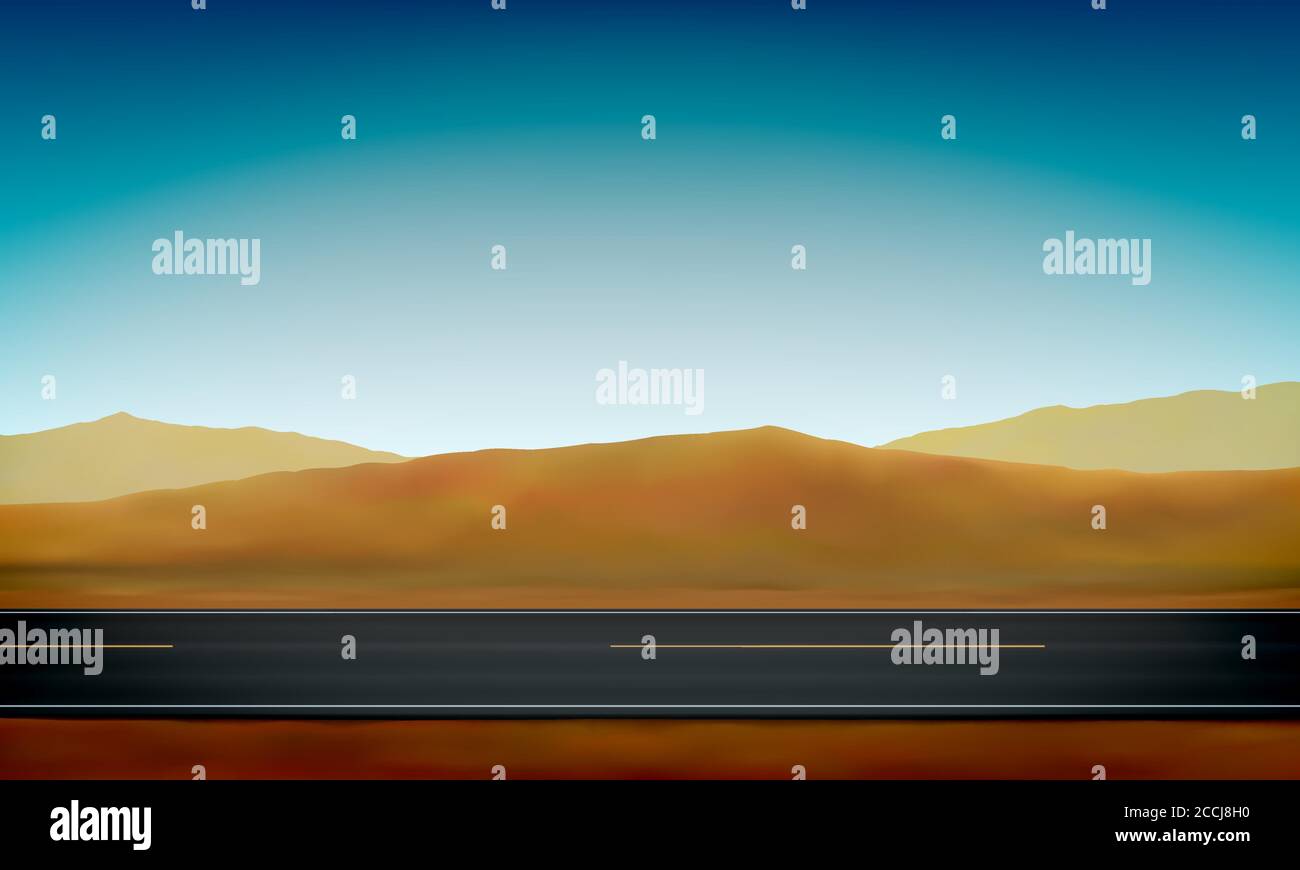Vue latérale d'une route, bord de route, désert avec dunes de sable et fond ciel bleu clair, illustration vectorielle Illustration de Vecteur