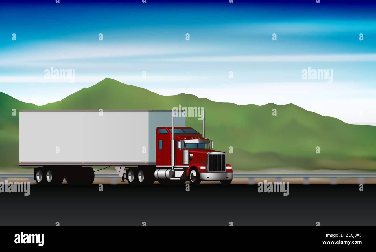 Camion classique sur autoroute sur fond de collines verdoyantes et de ciel, semi-camion de grande plate-forme avec camion sec sur la route, illustration vectorielle Illustration de Vecteur