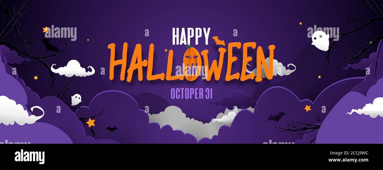 Bonne bannière halloween. Ciel de nuit arrière-plan effrayant avec des chauves-souris et des fantômes. Conception d'art en papier. Illustration vectorielle Illustration de Vecteur