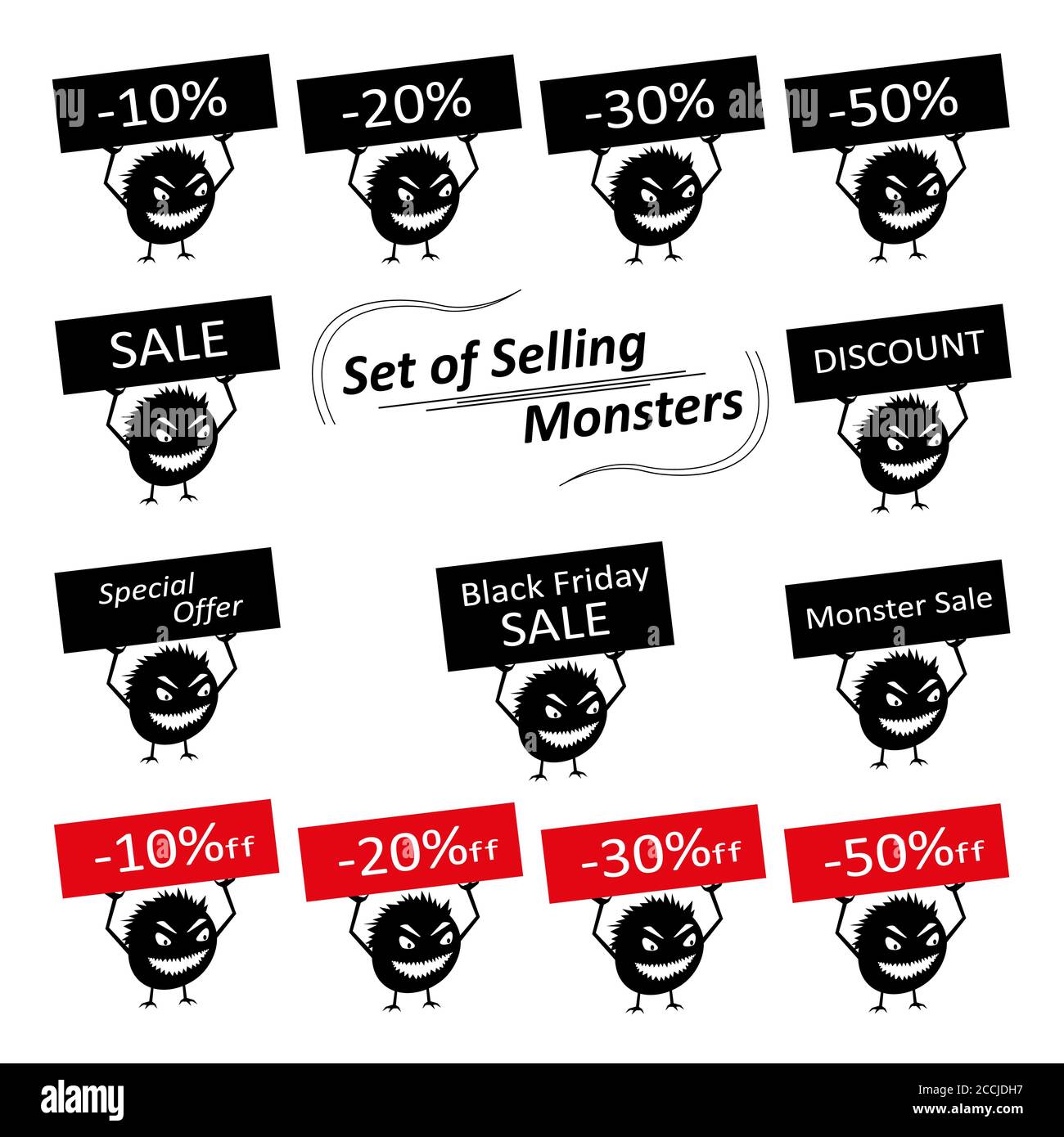Ensemble de créatures de silhouette mignonnes avec des affiches de réduction pour le magasin. Critères isolés dessinés à la main. Tous les monstres sont regroupés. Illustration de Vecteur