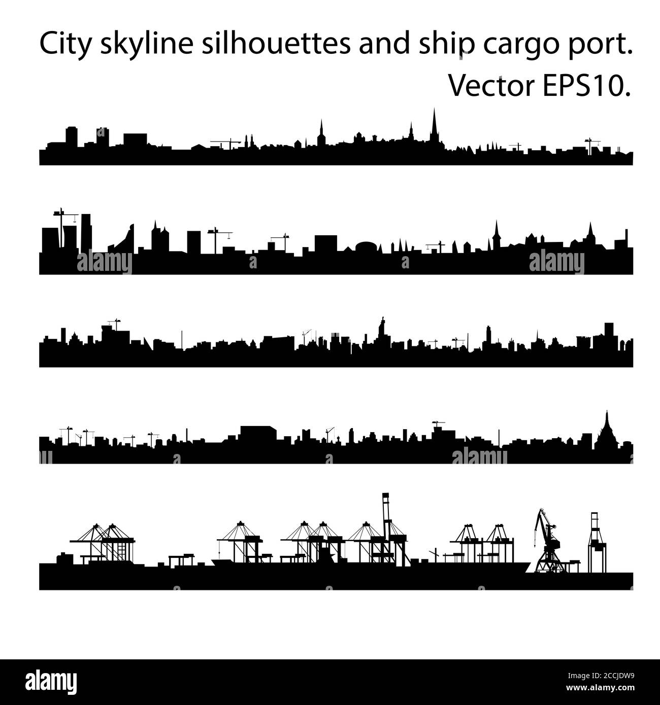 Ensemble de silhouettes d'horizon urbain dans un style plat pour le pied de page ou l'effet parallaxe. Paysage urbain moderne et port de chargement avec grues. Vecteur EPS10. Illustration de Vecteur