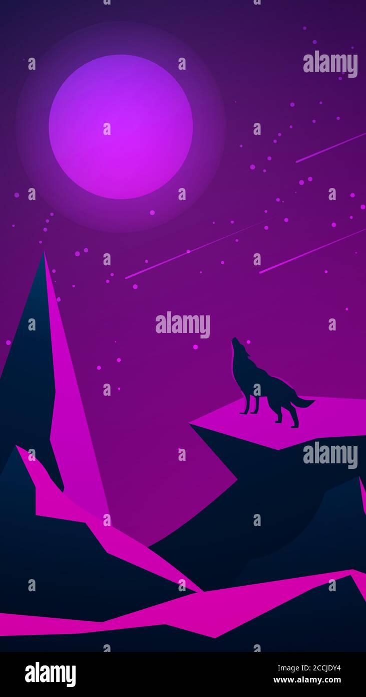 Paysage nocturne futuriste avec des montagnes et un loup hurlant sur la lune. Roche polygonale. Ciel étoilé violet avec lune et douche météore. Vect. Verticale Illustration de Vecteur Paysage nocturne futuriste avec des montagnes et un loup hurlant sur la lune. Roche polygonale. Ciel étoilé violet avec lune et douche météore. Vect. Verticale Illustration de Vecteur