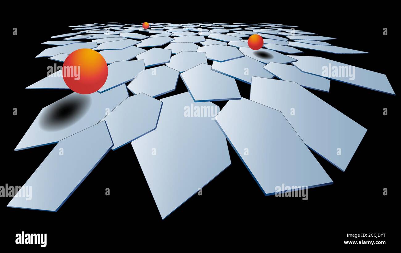 Arrière-plan polygonal 3D élégant et moderne d'hexagones avec une surface métallique et des boules volumétriques orange. Plan de lumière dans les hexagones. Composition multicouche. Illustration de Vecteur