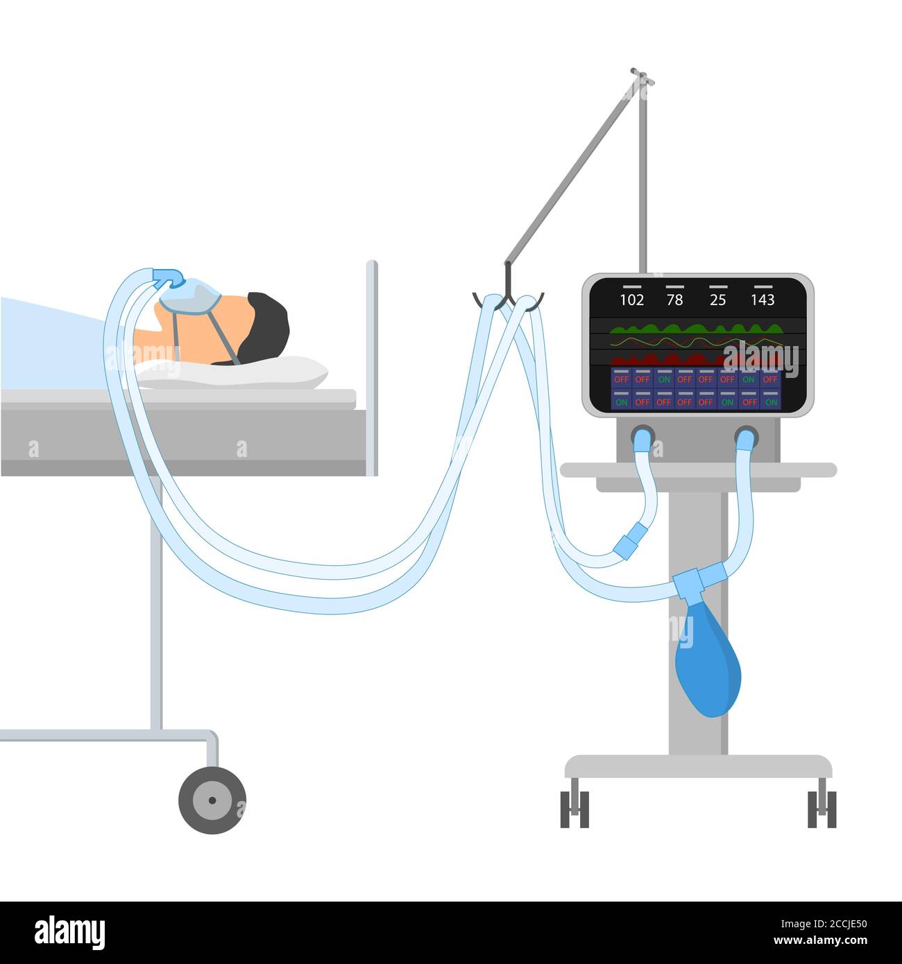 Un homme allongé sur le lit avec une apnée du sommeil et une PPC. Sur le masque à oxygène du visage avec deux tubes reliés à un dispositif pour la ventilation artificielle des poumons. Illustration de Vecteur