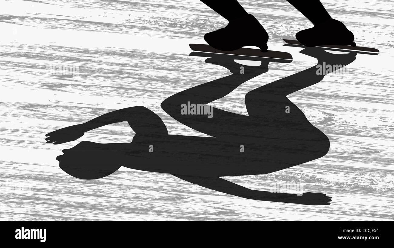 Silhouette à l'ombre d'un homme qui court sur la glace. Patinage de vitesse. Vous pouvez voir le bas des jambes et des patins. Vecteur horizontal EPS 10. Illustration de Vecteur