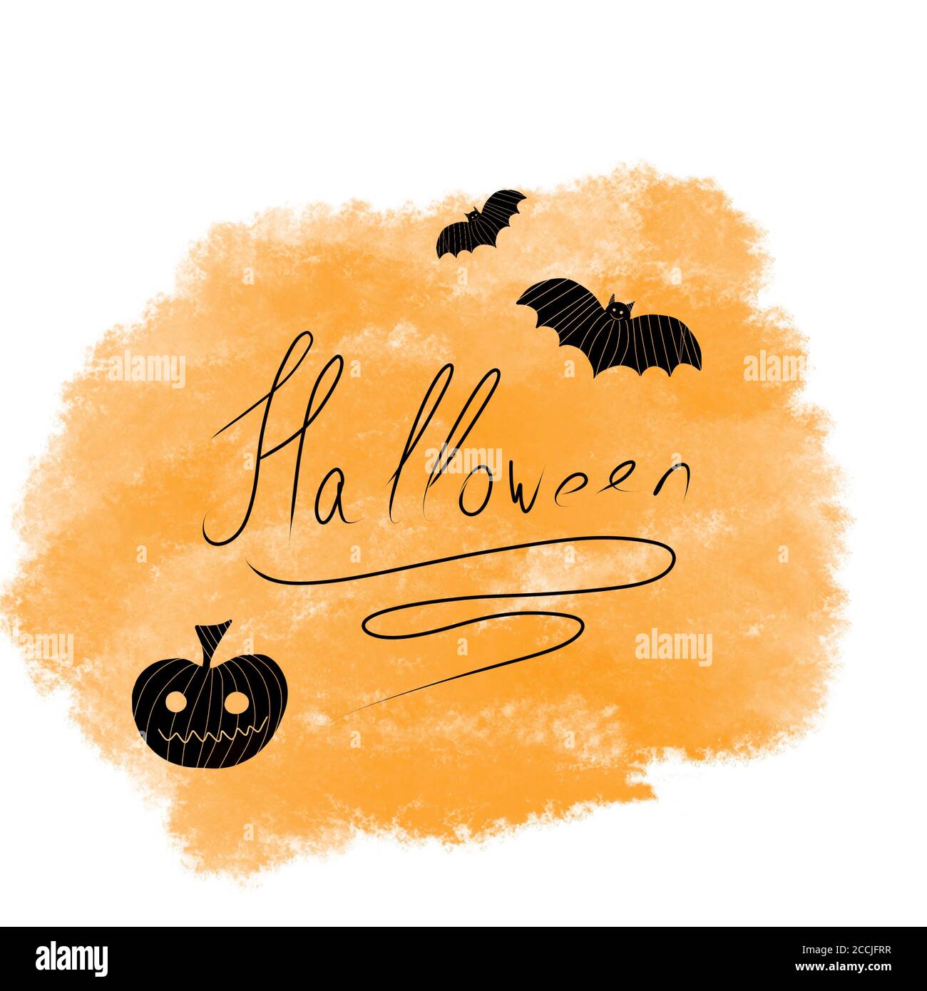 Bannière texte Happy Halloween avec chauves-souris et citrouille. Illustration dessinée à la main. Lettrage halloween dessiné à la main. Banque D'Images