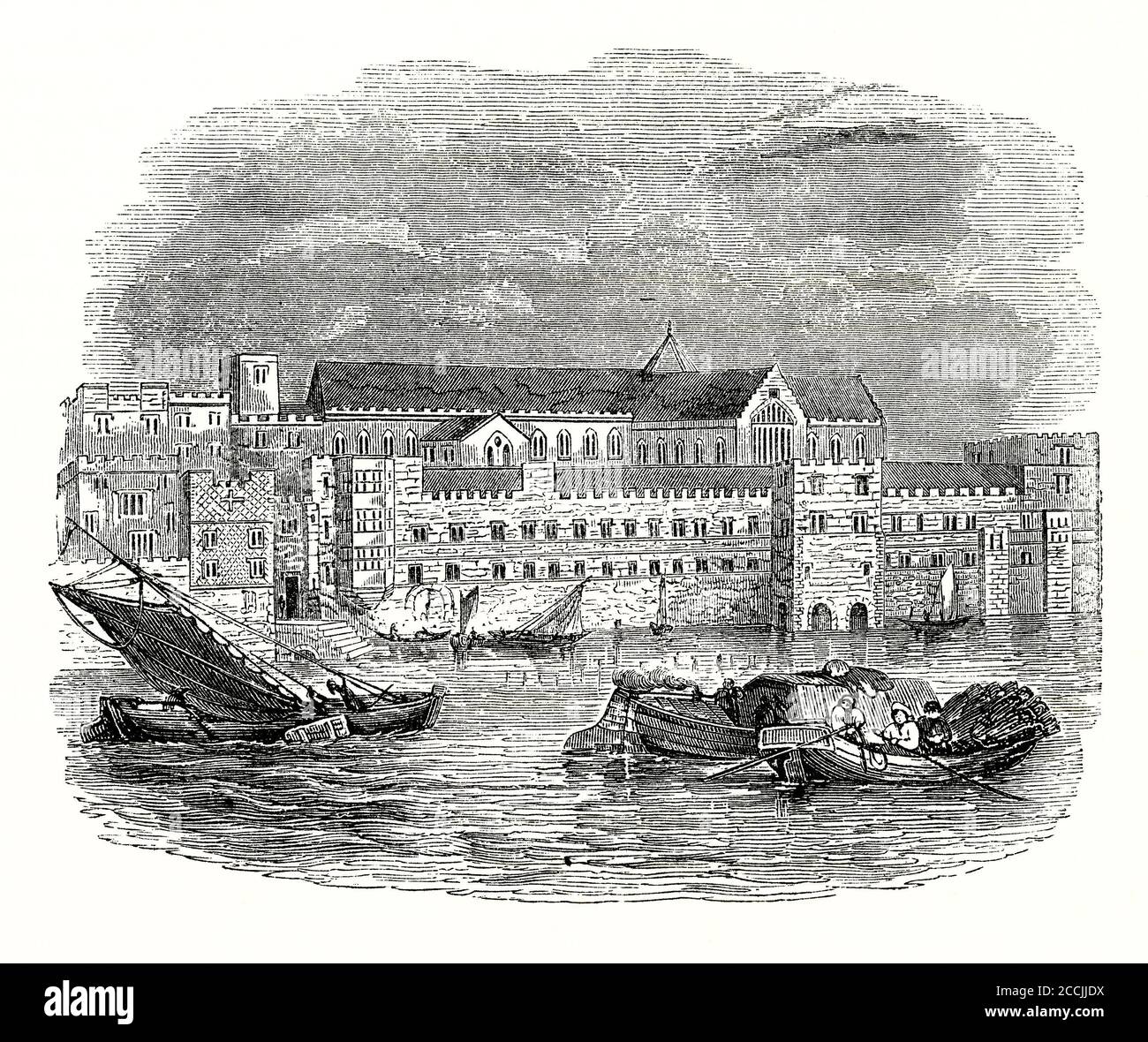 Une ancienne gravure de l'hôpital Savoy (anciennement le Savoy Palace), The Strand, Londres, Angleterre, Royaume-Uni dans les années 1600 vu de la Tamise. Le Palais de Savoie fut la maison de Jean de Gaunt jusqu'à ce qu'il soit détruit pendant la révolte des paysans de 1381. C'est ici qu'Henry VII a fondé l'Hôpital Savoy pour les pauvres. C'était l'hôpital le plus impressionnant de son temps dans le pays et le premier à bénéficier d'un personnel médical permanent. Chaque soir, les portes étaient ouvertes et les pauvres entraient et se sont vu attribuer un lit pour la nuit. Le matin, ils sont partis (bien que les malades aient été autorisés à rester). Banque D'Images