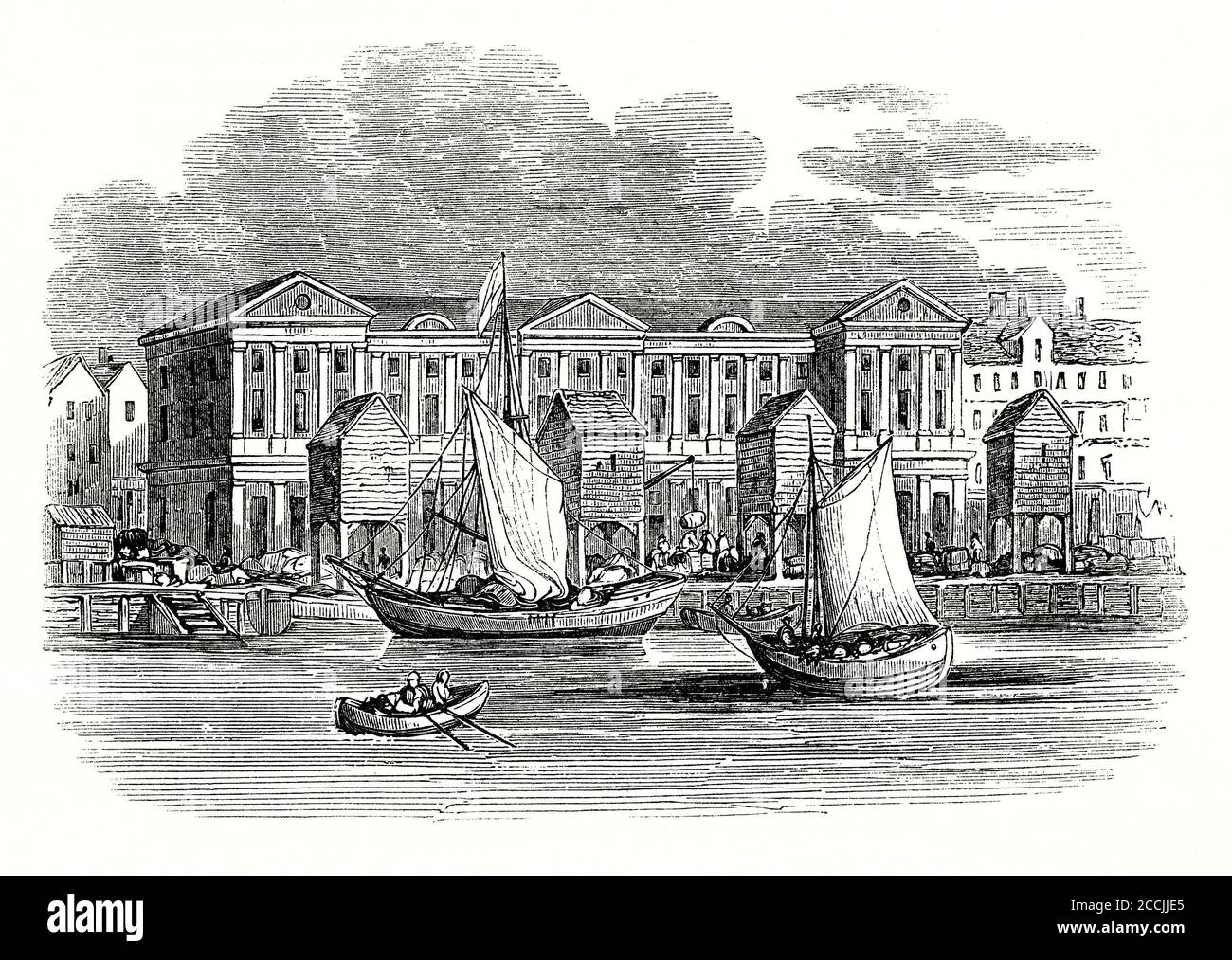 Une ancienne gravure de la Tamise montrant la maison personnalisée, ville de Londres, Angleterre, Royaume-Uni dans les années 1600. Les navires marchands sont sur la rivière et devant le bâtiment sont des grues en bois. Le site était connu depuis longtemps sous le nom de «Wool Quay» et une maison sur mesure prélevées sur la laine exportée. Vers 1380, un John Churchman y a construit une maison sur mesure. Il est resté en service jusqu'en 1559. Son remplacement (montré ici) a été érigé sous la direction de William Paulet, marquis de Winchester, le Haut-trésorier du Seigneur. Cette structure a été détruite dans le Grand incendie de 1666. Banque D'Images