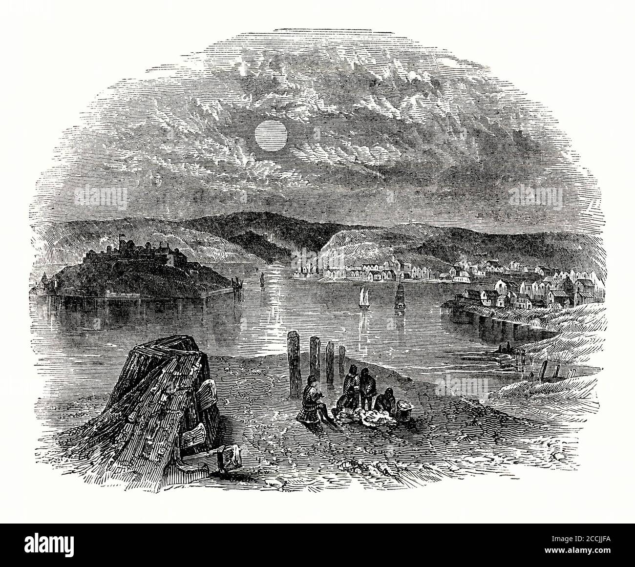 Une ancienne gravure de Kinsale, comté de Cork, Irlande. C'est un port historique et une ville de pêche située à environ 25 km (16 miles) au sud de la ville de Cork sur la côte sud-est près de la vieille tête de Kinsale, il est situé à l'embouchure de la rivière Bandon. Charles fort datant des années 1600, est à proximité (centre gauche). C'est un fort bastion avec une section du mur extérieur construit en mode étoile. Il est situé au bord de l'eau, à l'extrémité sud du village de Summer Cove, sur le port de Kinsale. Banque D'Images