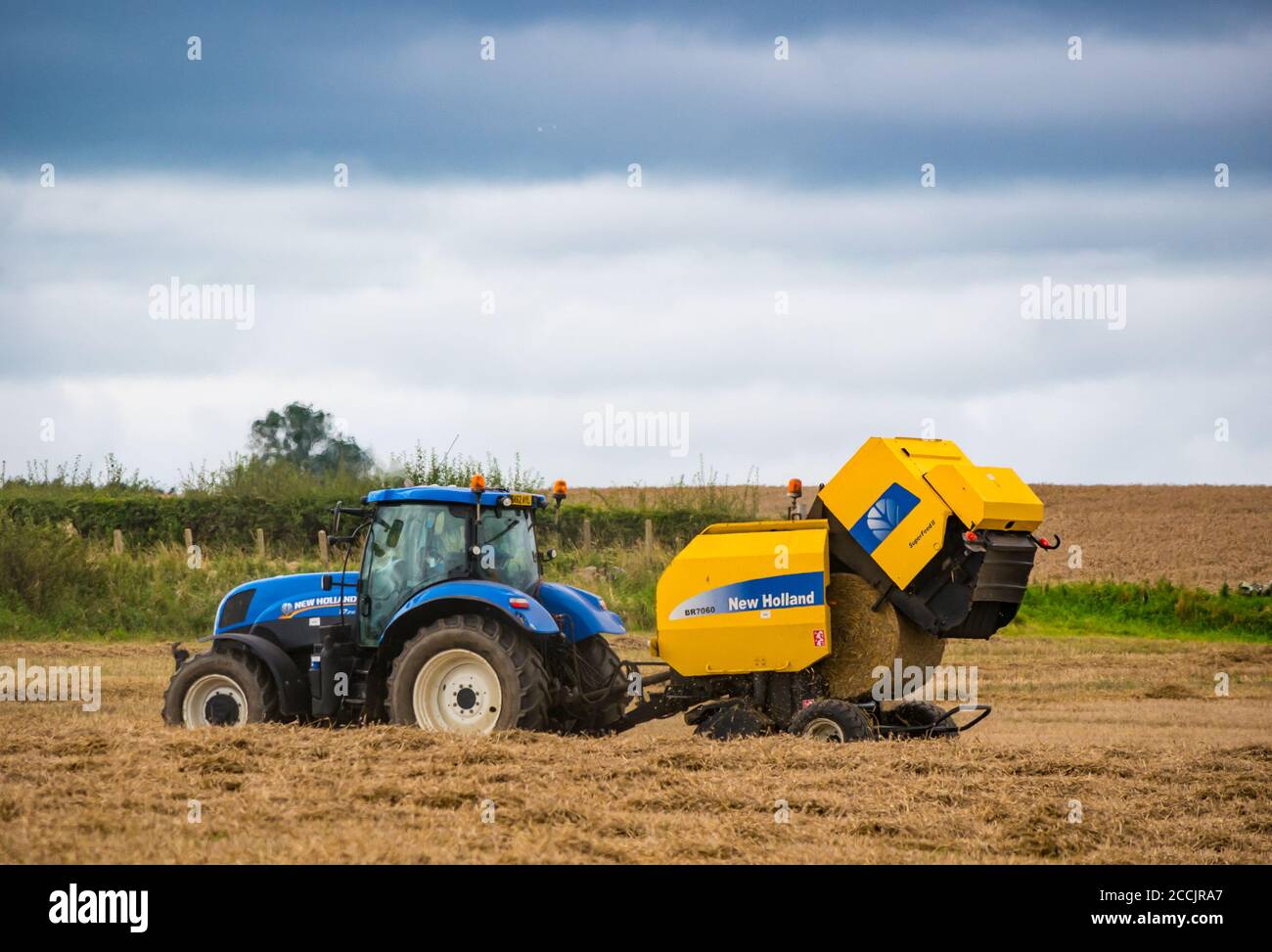East Lothian, Écosse, Royaume-Uni, 23 août 2020. Météo au Royaume-Uni : paysage agricole ensoleillé. Chaume de blé ramassé par un tracteur équipé d'une presse à balles de foin pour la réalisation de balles de foin Banque D'Images