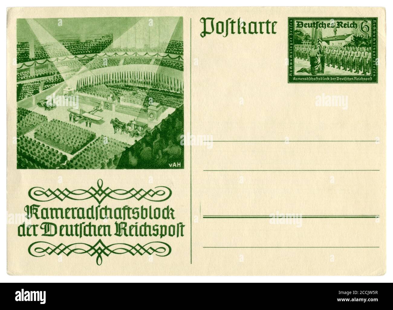 Carte postale historique allemande : bloc de camaraderie du Reichspast allemand, Réunion des employés des services postaux dans le hall d'exposition de Berlin, 1939 Banque D'Images