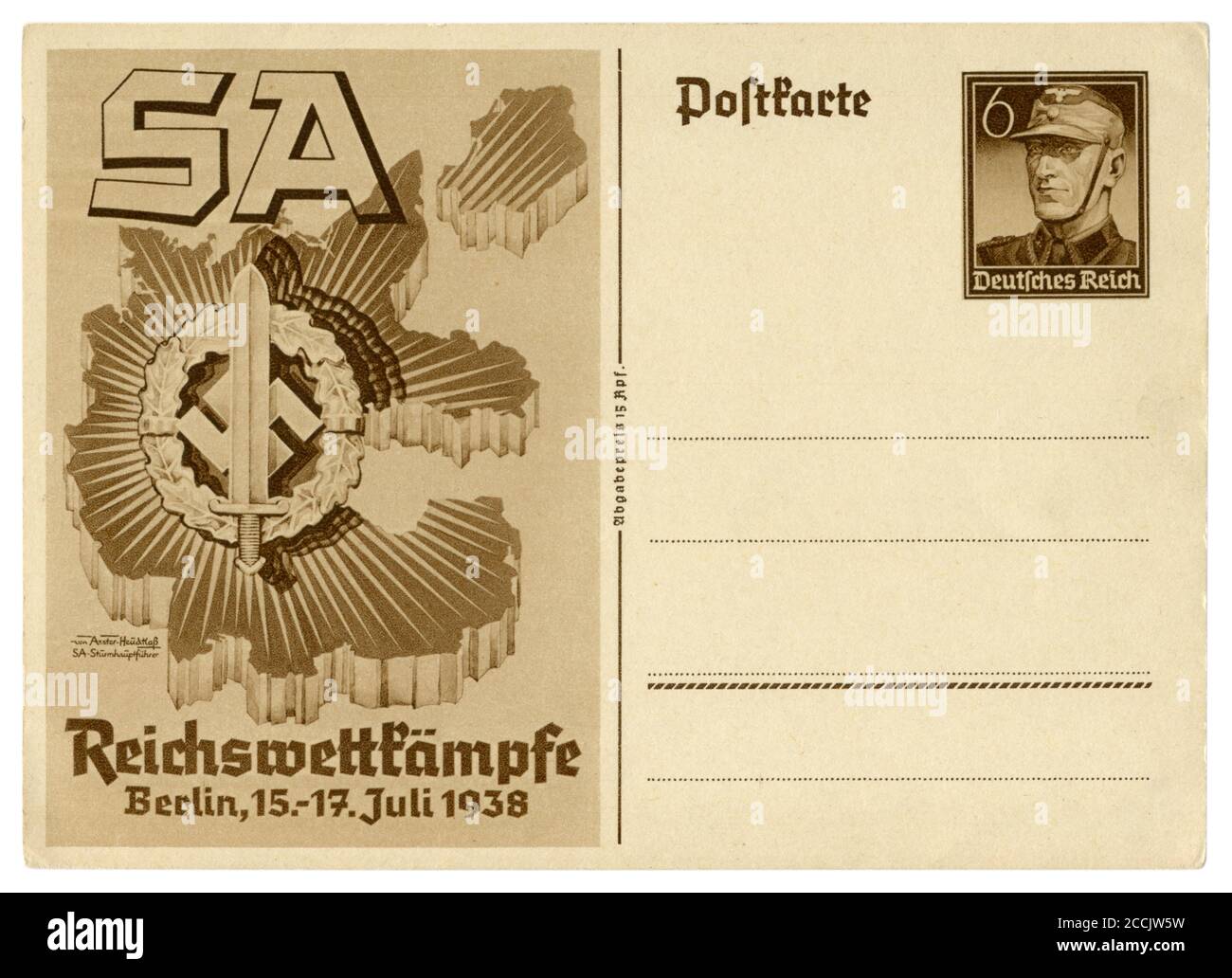 Carte postale historique allemande : événements sportifs des unités d'assaut de la sa à Berlin, sa badge sportif, timbre imprimé, Allemagne, troisième Reich, 1938 Banque D'Images