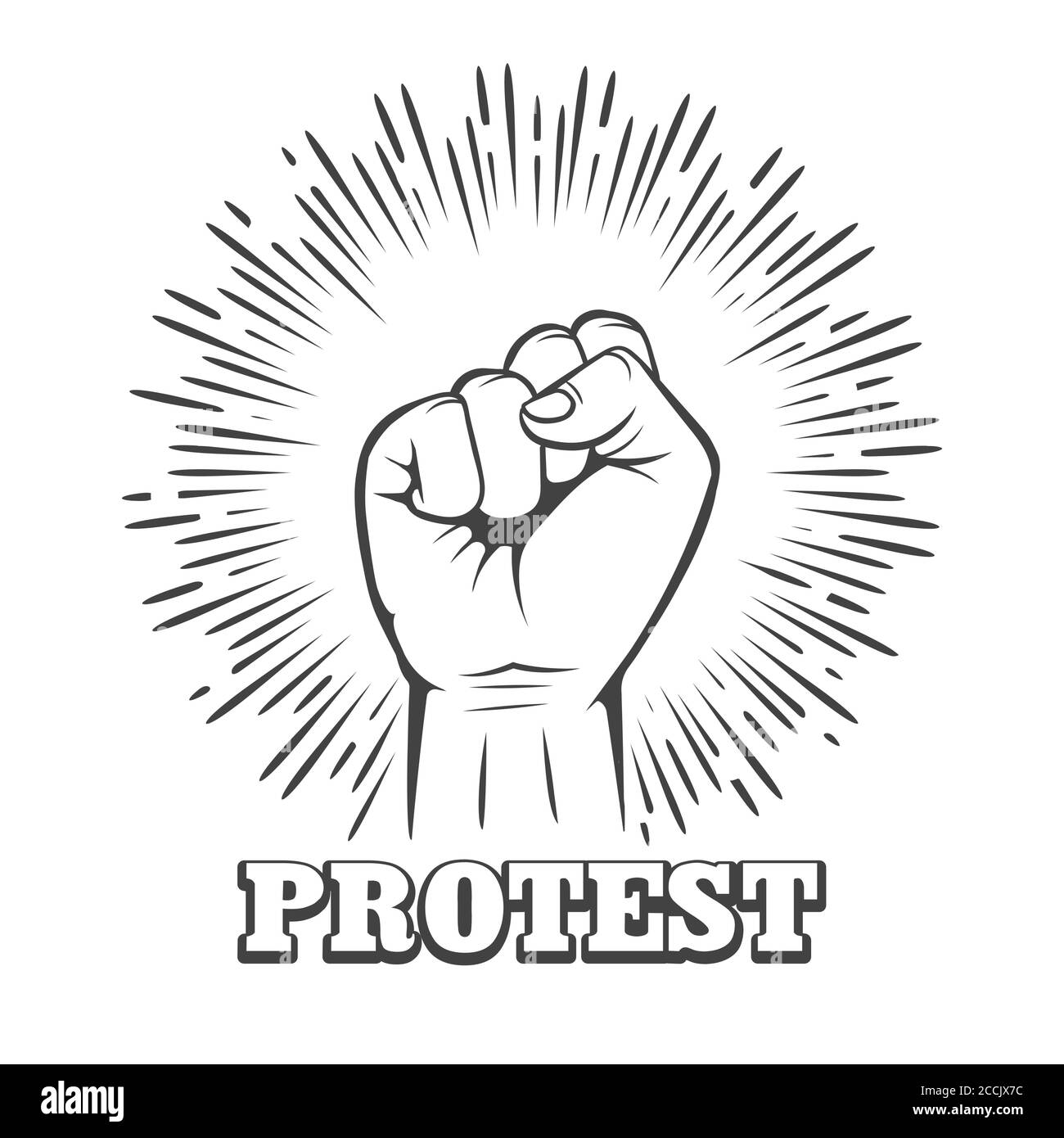 Homme s'élevant poing sur fond blanc avec des mots de protestation. Symbole de liberté, de lutte, de révolution, d'unité, de force et de lutte. Illustration vectorielle. Illustration de Vecteur