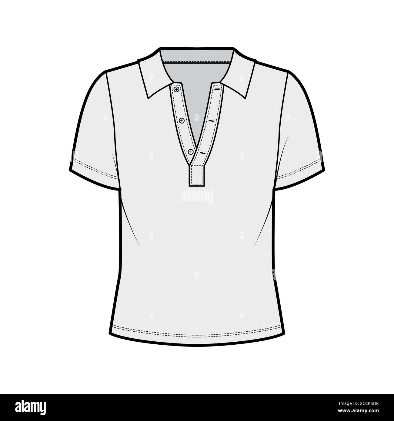 Polo illustration technique de la mode avec manches courtes en jersey de coton, grandes, boutons sur le devant. Modèle de vêtement extérieur plat à l'avant, couleur grise. Femmes hommes unisexe top mockup Illustration de Vecteur