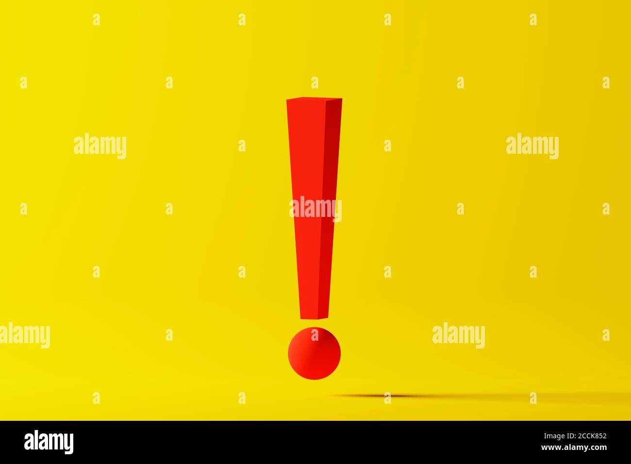 Rendu tridimensionnel du point d'exclamation rouge sur fond jaune Banque D'Images