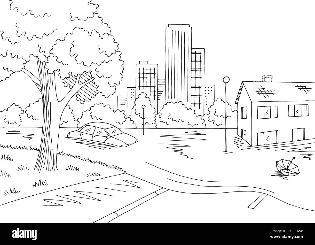 Flood graphique noir blanc paysage ville esquisse illustration vecteur Illustration de Vecteur