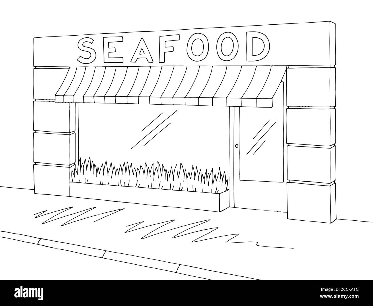 Magasin de fruits de mer extérieur graphique noir blanc croquis illustration vecteur Illustration de Vecteur