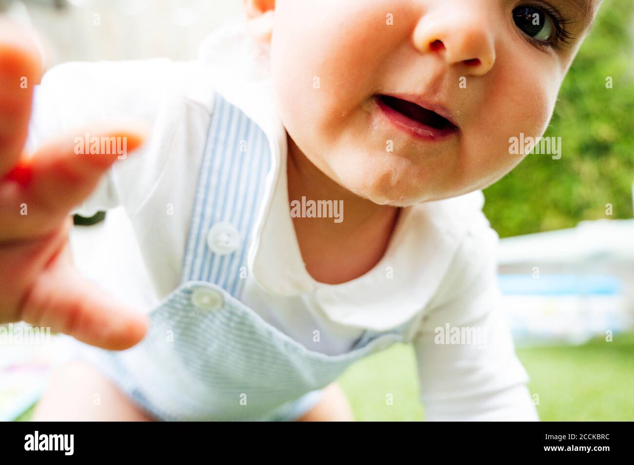 Bébé garçon rampant sur la prairie Banque D'Images