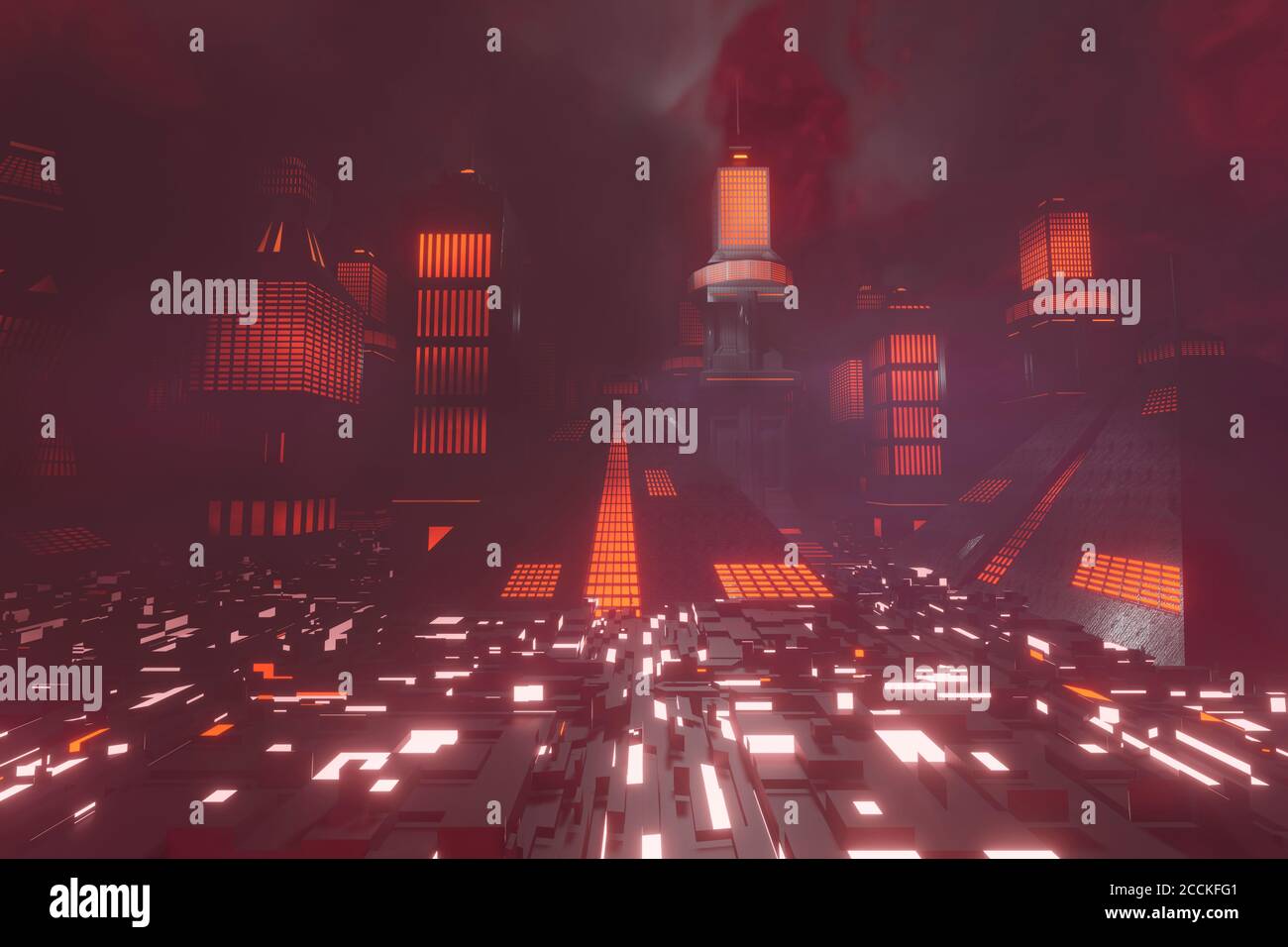 Rendu tridimensionnel de la pyramide dans une ville futuriste la nuit Banque D'Images
