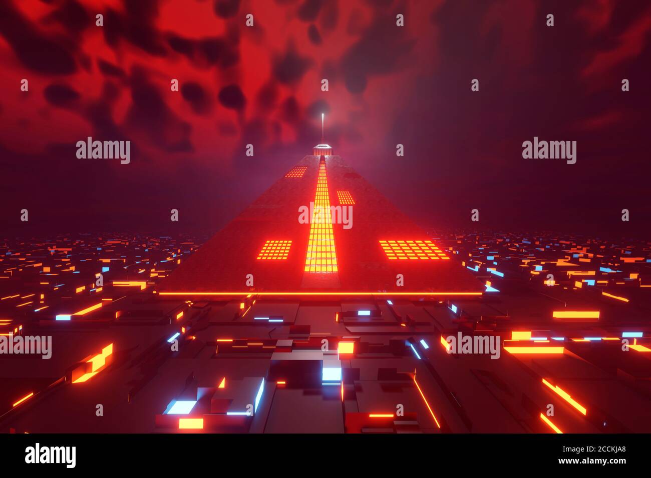 Rendu tridimensionnel de la pyramide dans une ville futuriste la nuit Banque D'Images
