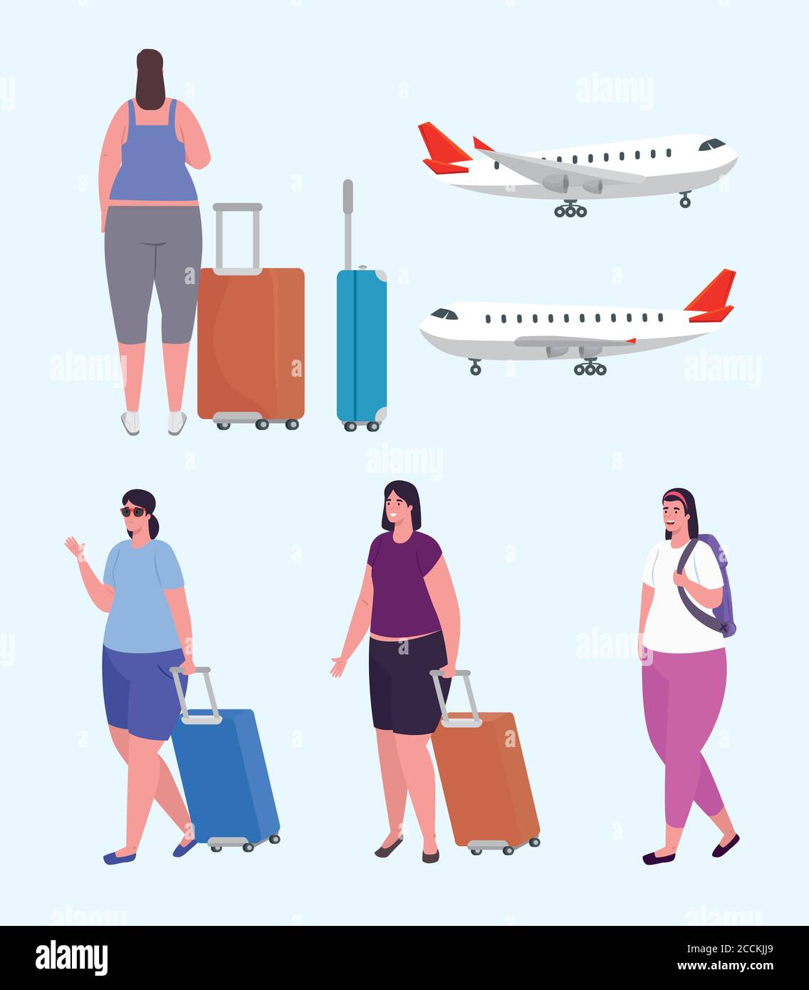 groupe de femmes voyageurs et grands avions commerciaux Illustration de Vecteur