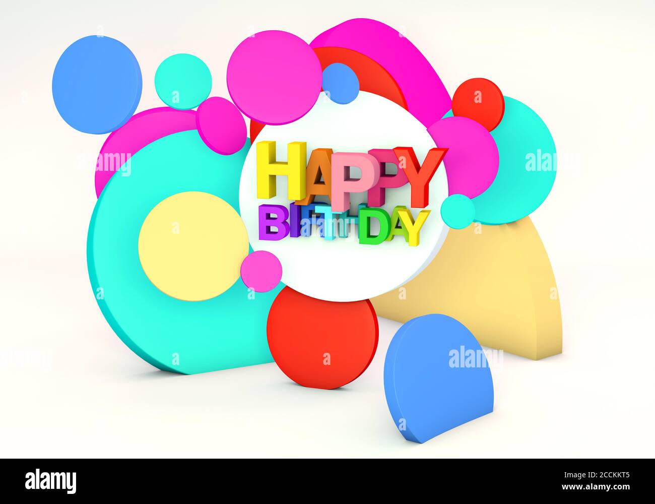 le concept de rendu 3d du mot joyeux anniversaire avec un sélection de formes de cercles abstraites Banque D'Images