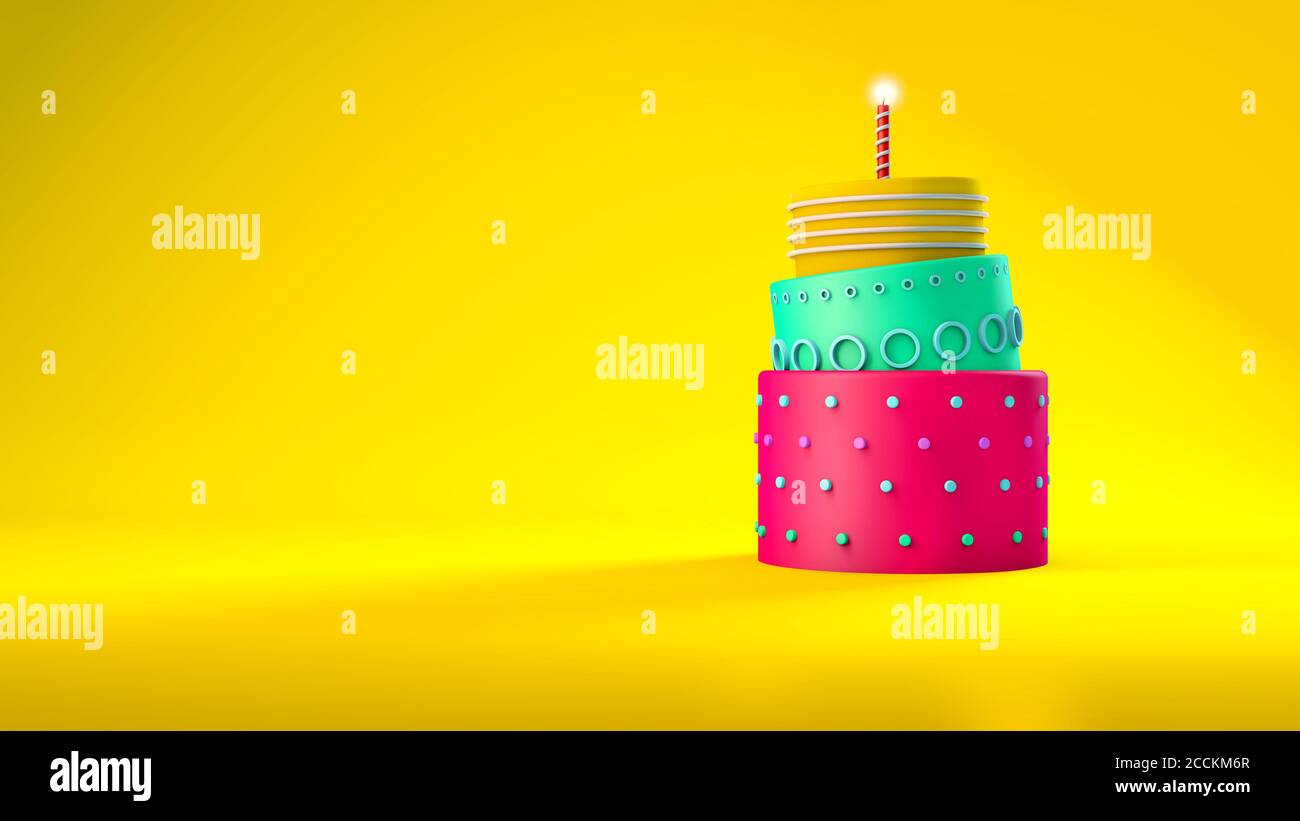 l'illustration 3d rend le concept d'une idée de gâteau de fête un arrière-plan jaune Banque D'Images