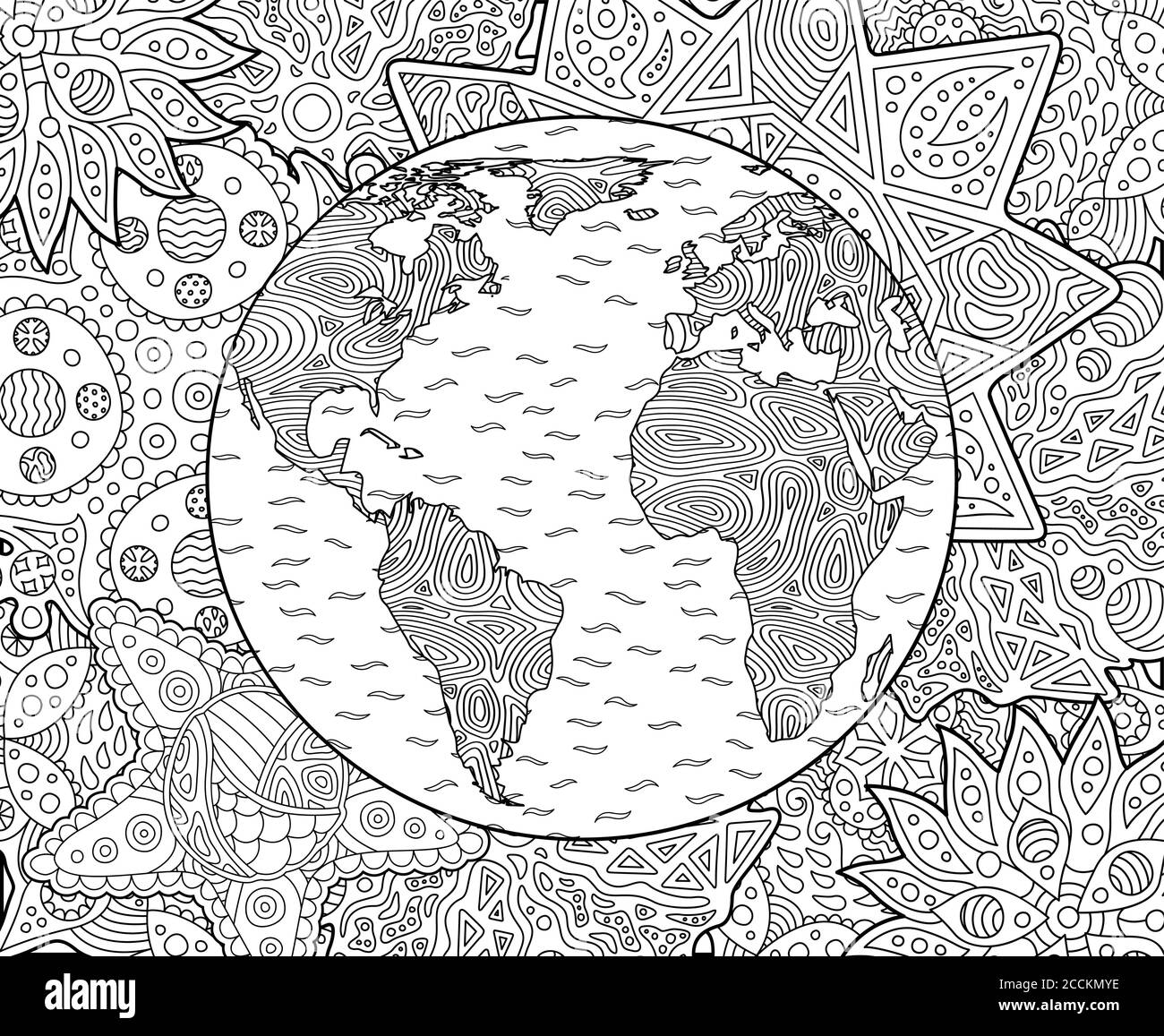Belle page de livre de coloriage pour adultes avec la planète Terre stylisée Illustration de Vecteur