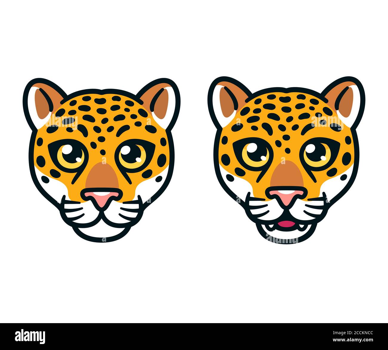 Dessin animé jaguar ou tête léopard. Face à bouche fermée et ouverte. Illustration vectorielle isolée. Illustration de Vecteur