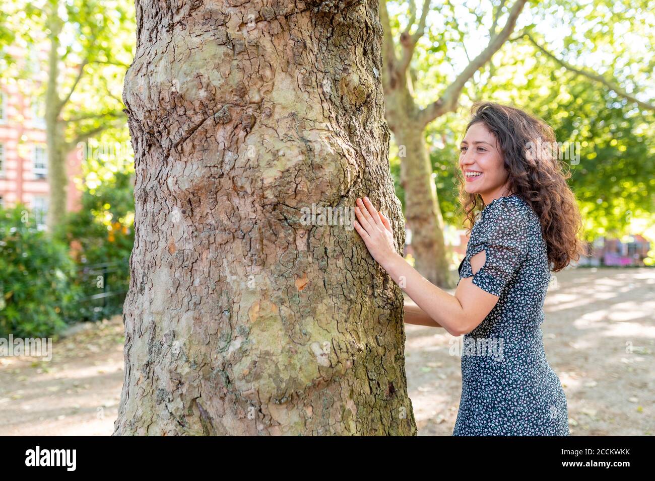 Jeune femme gaie qui regarde loin en se tenant près du tronc d'arbre dans le parc Banque D'Images