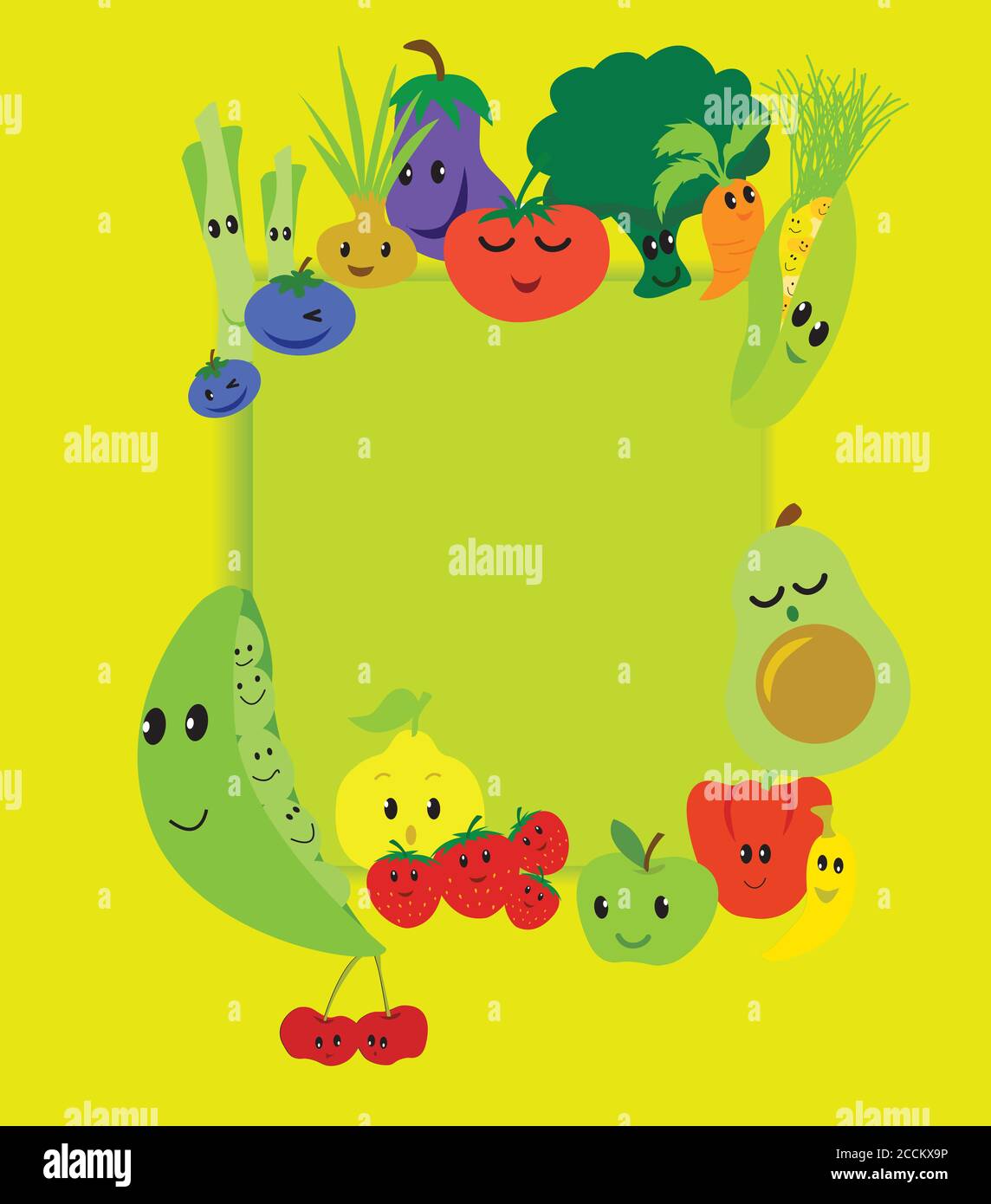 Dessin animé vecteur kawaii mignon et drôle fruits et légumes, personnages sur une affiche sur fond vert avec copyspace Banque D'Images